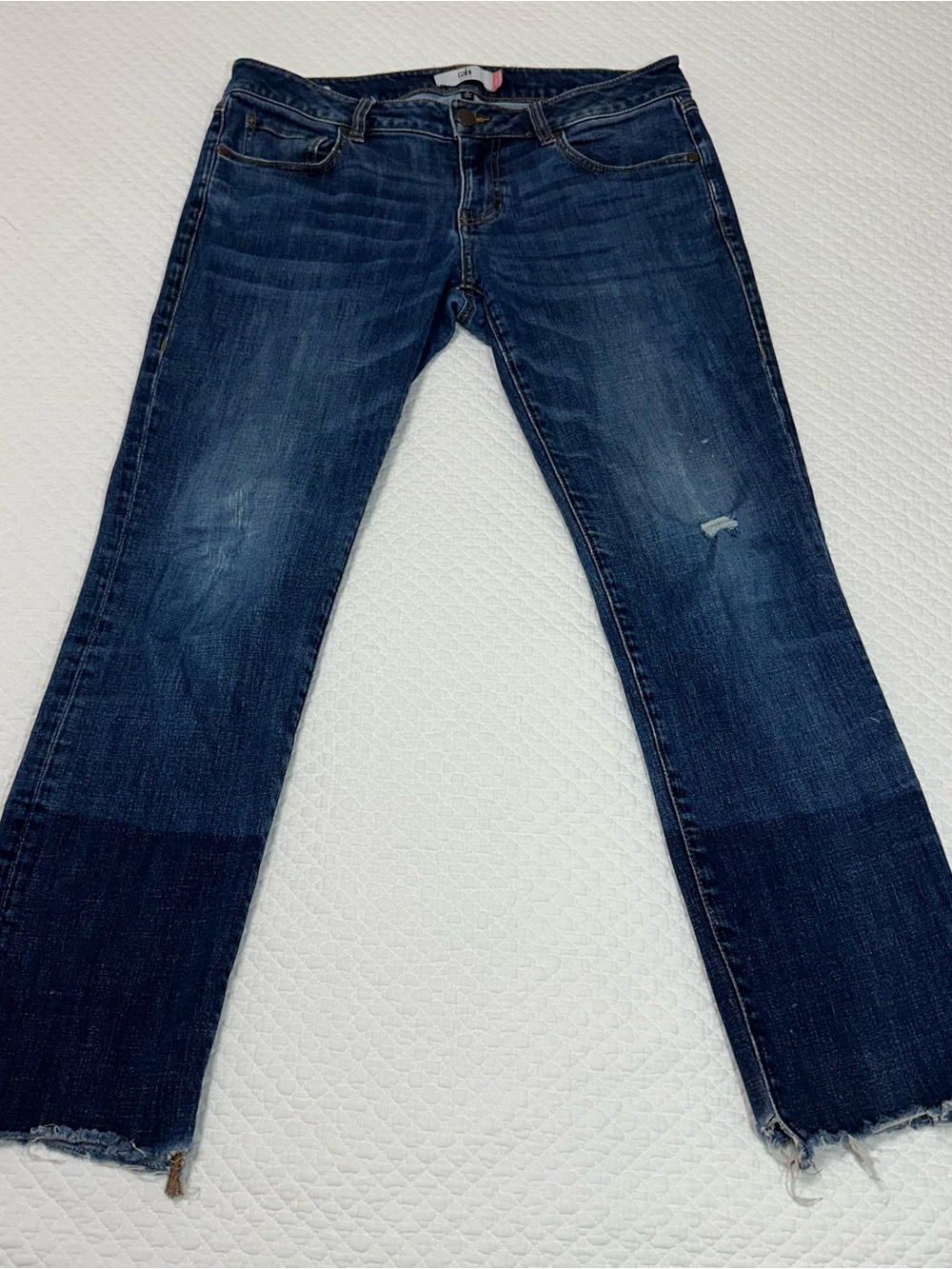 CAbi Dark Blue Flared Jeans with Frayed Hem